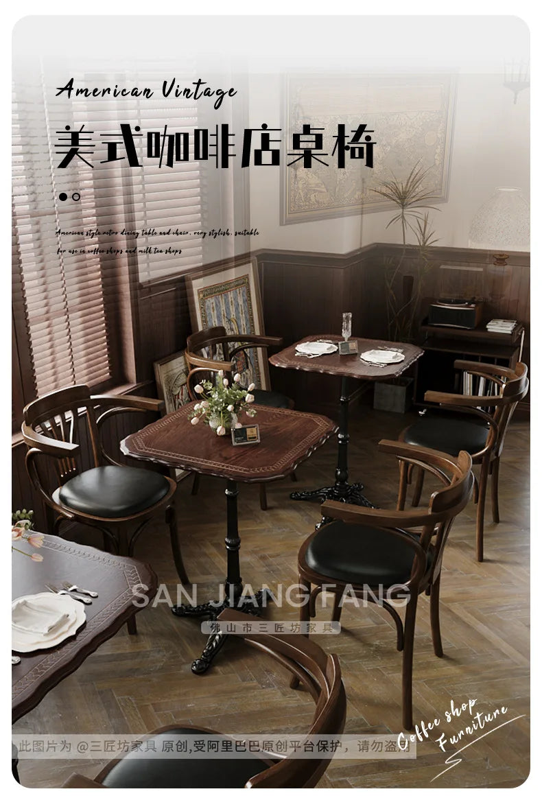 American Retro Cafe Solid Wood Table and Chair Combination Milk Tea Dessert Bakery Restaurant Commercial Dining Table and Chair